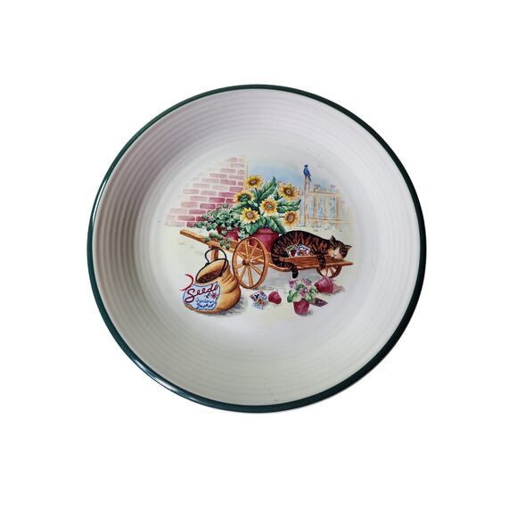 CENTURY Stoneware CAT NAP Floral Green Rim 10.5" Dinner Plates Set of 4 - Picture 1 of 8